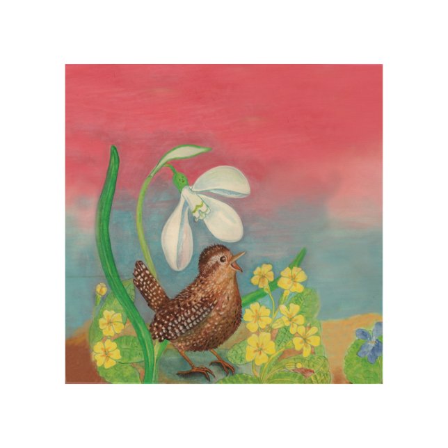 The snowdrop and the wren bird summon the spring  wood wall art (Front)