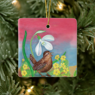 The snowdrop and the wren spring illustration  ceramic ornament