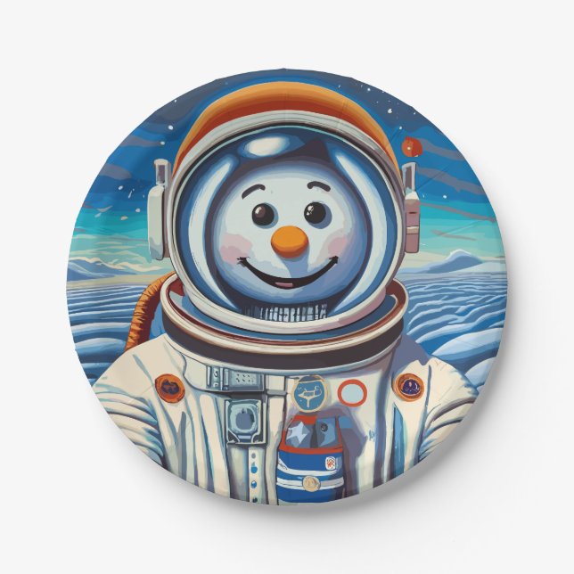 The Snowman is an astronaut at Christmas Paper Plates (Front)