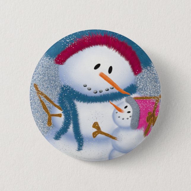 The SnowMomma And SnowGirl Illustration Pinback Button (Front)