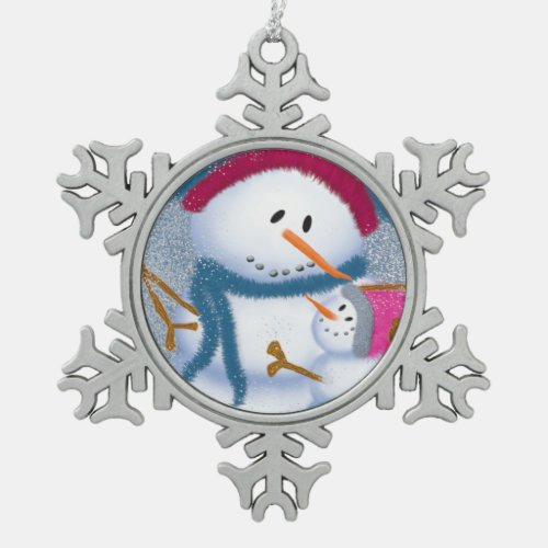 The SnowMomma And SnowGirl Illustration Snowflake Pewter Christmas Ornament
