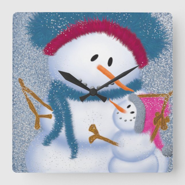 The SnowMomma And SnowGirl Illustration Square Wall Clock (Front)