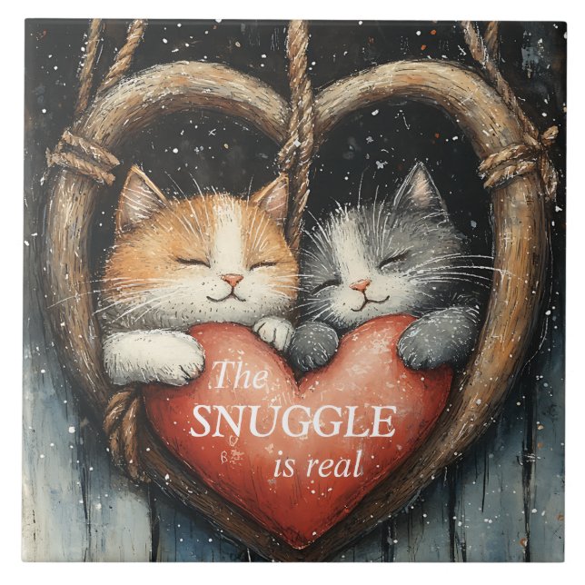 The Snuggle is Real Cozy Cat Love Ceramic Tile (Front)