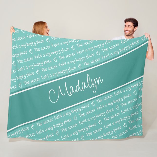 The soccer field is my happy place teal white fleece blanket (In Situ)