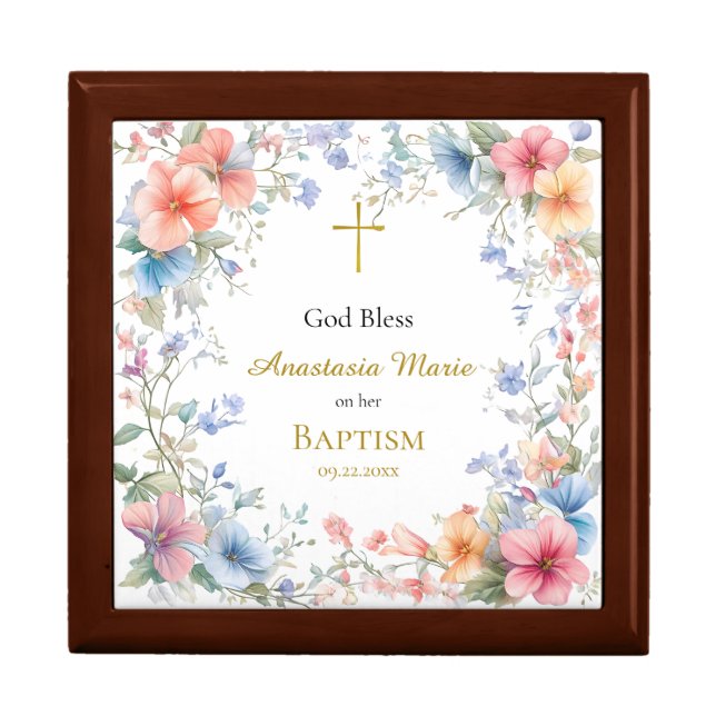 The Softest Pastel Flowers Wreath Baptism Keepsake Gift Box (Front)