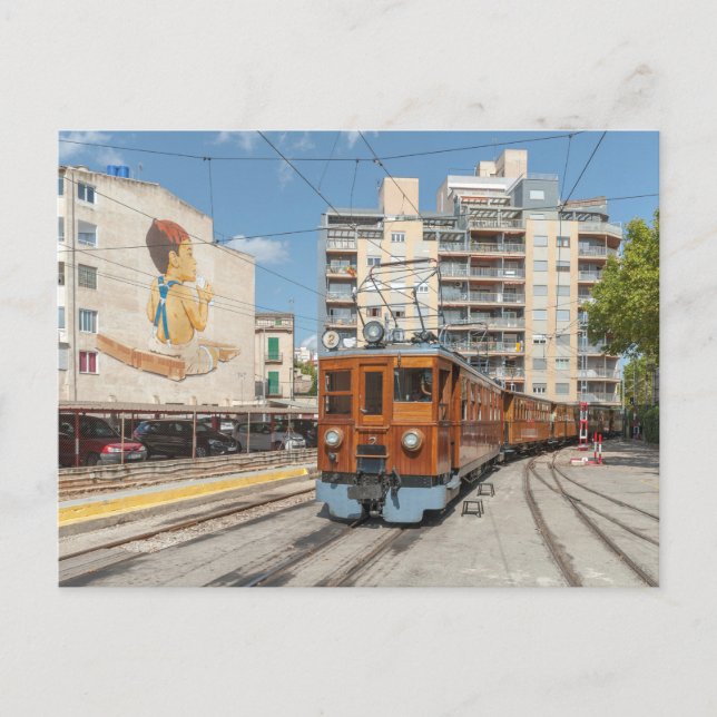 The Sollér train arrives at Palma, Mallorca. Postcard (Front)