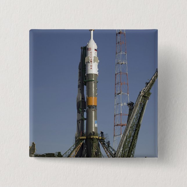 The Soyuz rocket is erected into position 2 Pinback Button (Front)
