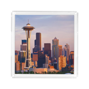 The Space Needle is a tower at dusk in Seattle Acrylic Tray