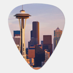 The Space Needle is a tower at dusk in Seattle Guitar Pick