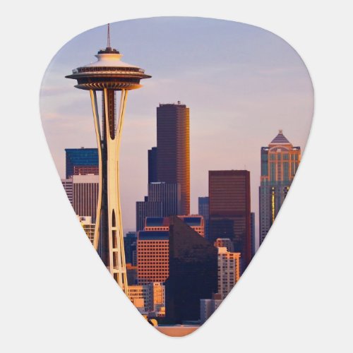 The Space Needle is a tower at dusk in Seattle Guitar Pick