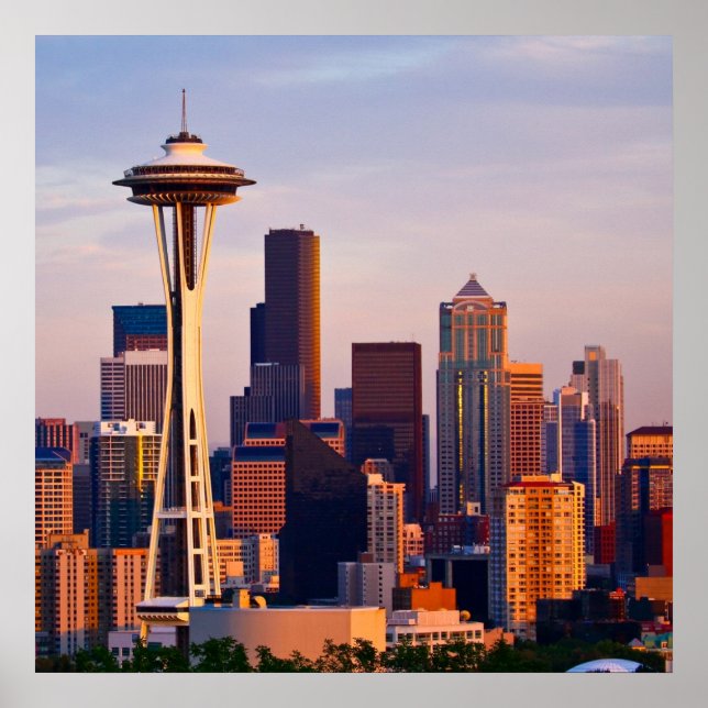 The Space Needle is a tower at dusk in Seattle Poster (Front)