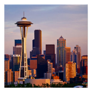 The Space Needle is a tower at dusk in Seattle Poster
