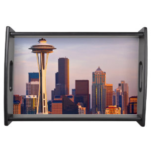 The Space Needle is a tower at dusk in Seattle Serving Tray