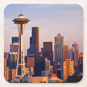 The Space Needle is a tower at dusk in Seattle Square Paper Coaster