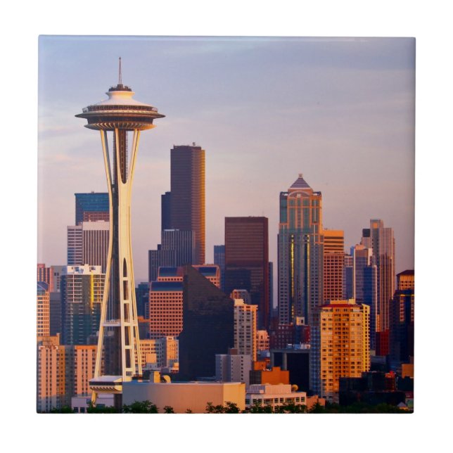 The Space Needle is a tower at dusk in Seattle Tile (Front)