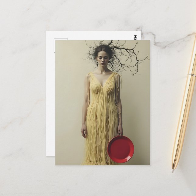 The Spaghetti Dress and Red Plate Surreal Woman Postcard (Front/Back In Situ)