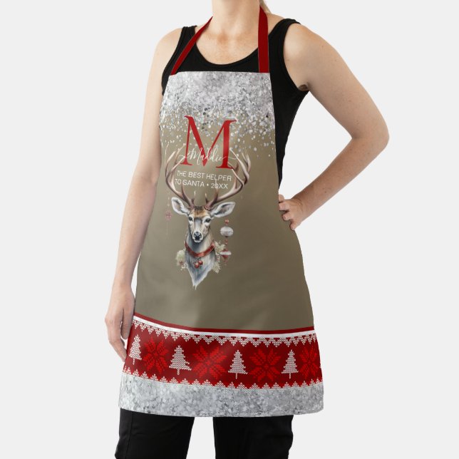 The Sparkle glittery red gray deer custom Monogram Apron (Insitu)