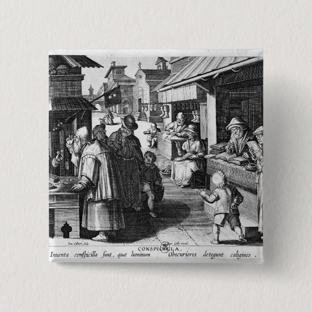 The Spectacles Seller, engraved by Jan Collaert Pinback Button (Front)