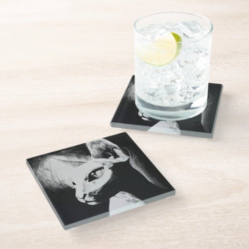 The Sphynx Cat Feline Black  White Original Art Glass Coaster