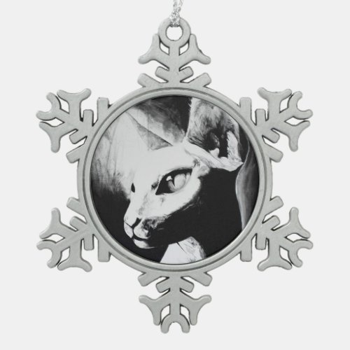 The Sphynx Cat Hairless Kitty Black  White Art Snowflake Pewter Christmas Ornament