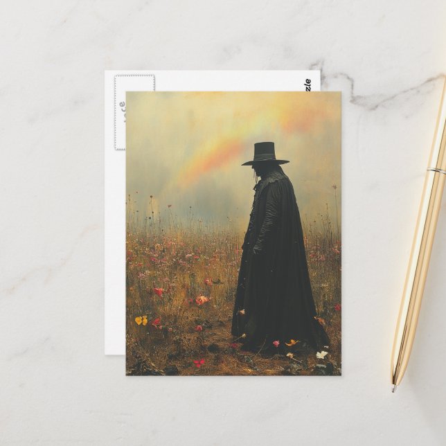 The Spooky Plague Doctor in the Meadow Postcard (Front/Back In Situ)