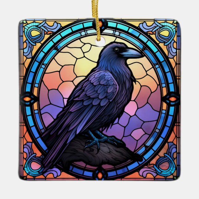 The Spooky Raven Stained Glass Ceramic Ornament (Front)