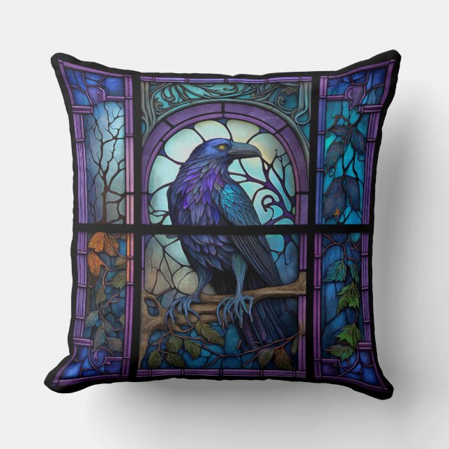 The Spooky Raven Stained Glass Throw Pillow (Front)