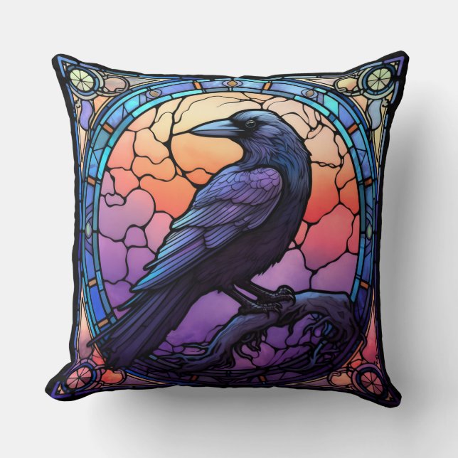 The Spooky Raven Stained Glass Throw Pillow (Front)