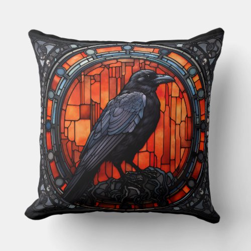 The Spooky Raven Stained Glass Throw Pillow