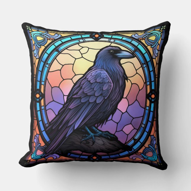 The Spooky Raven Stained Glass Throw Pillow (Front)