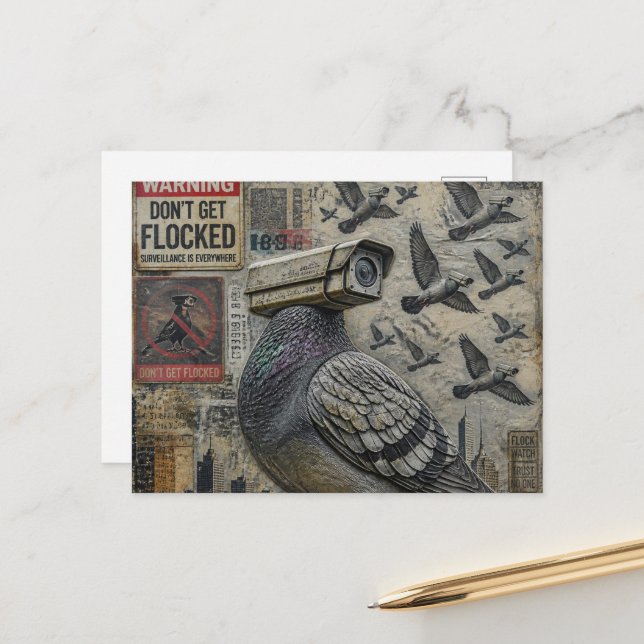 The Spy Pigeons With Warning Signs Postcard (Front/Back In Situ)