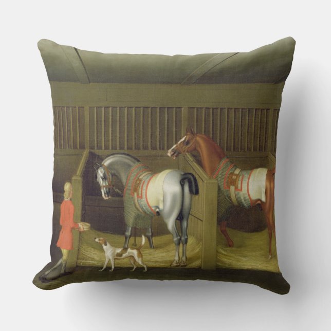 The Stables and Two Famous Running Horses belongin Throw Pillow (Front)