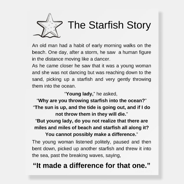 The Starfish Story. Starfish Poem. Foam Board (Front)