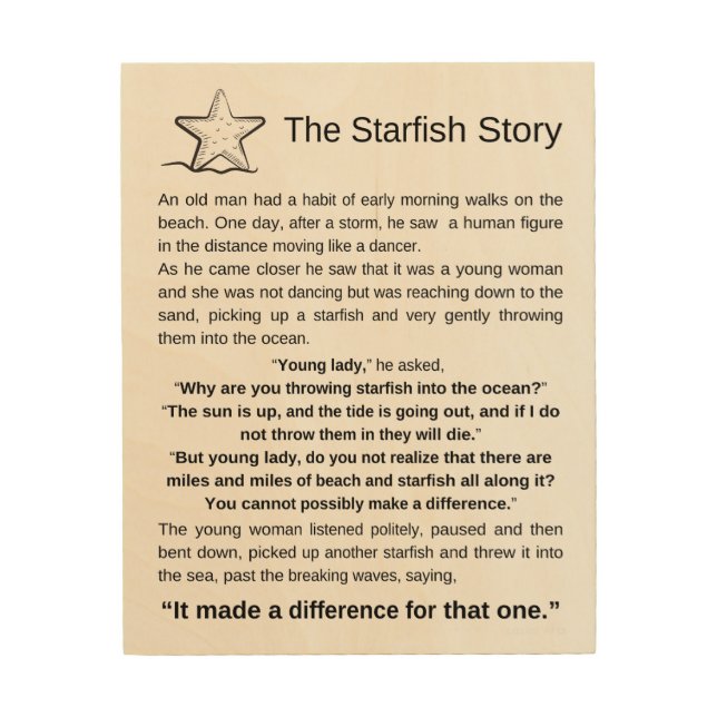 The Starfish Story. Starfish Poem. Wood Wall Art (Front)
