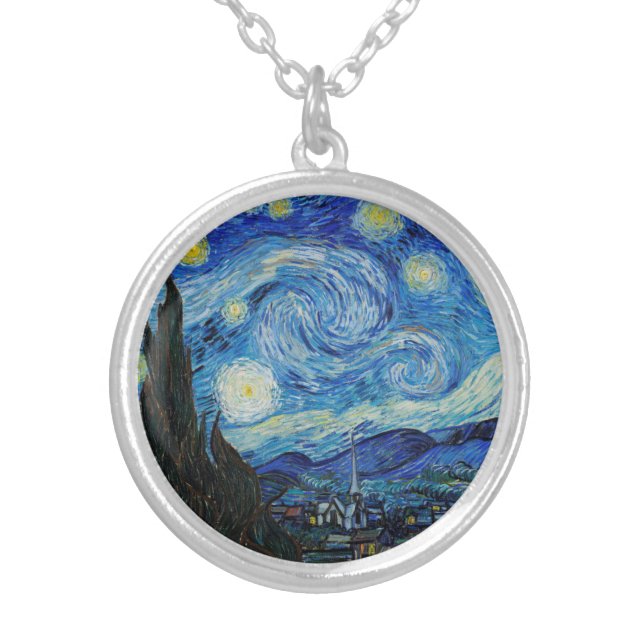 The Starry Night (1889) by Vincent Van Gogh Silver Plated Necklace (Front)
