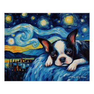 The starry night - Boston Terrier Dog 003 - Qian w Poster