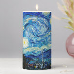 The Starry Night by Vincent Van Gogh  Pillar Candle<br><div class="desc">The painting is dominated by a moon- and star-filled night sky. It takes up three-quarters of the picture plane and appears turbulent, even agitated, with intensely swirling patterns that seem to roll across its surface like waves. It is pocked with bright orbs—including the crescent moon to the far right, and...</div>
