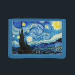 The Starry Night by Vincent Van Gogh  Trifold Wallet<br><div class="desc">The painting is dominated by a moon- and star-filled night sky. It takes up three-quarters of the picture plane and appears turbulent, even agitated, with intensely swirling patterns that seem to roll across its surface like waves. It is pocked with bright orbs—including the crescent moon to the far right, and...</div>