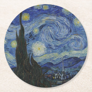 The Starry Night, oil painting, Vincent Van Gogh Round Paper Coaster