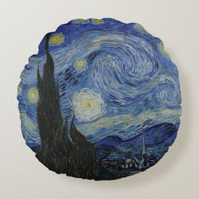 The Starry Night, oil painting, Vincent Van Gogh Round Pillow (Front)