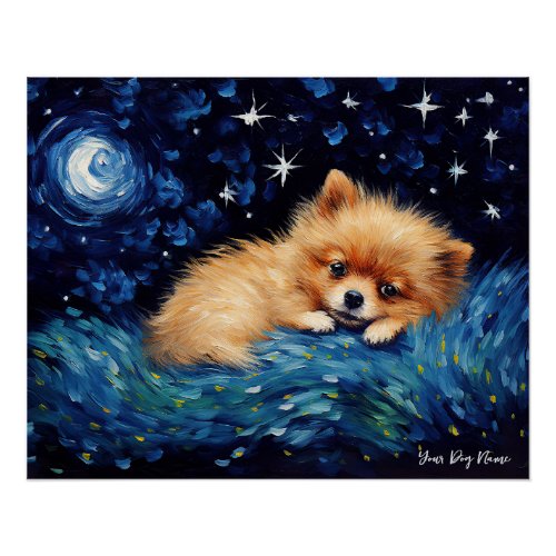 The starry night _ Pomeranian Puppy Dog 001 _ Qian Poster