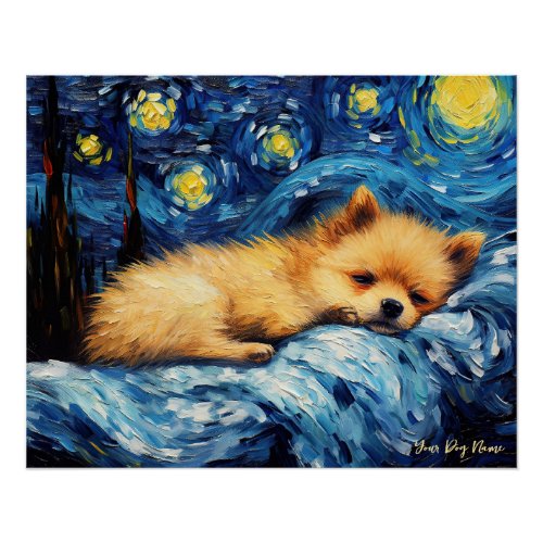 The starry night _ Pomeranian Puppy Dog 003 _ Qian Poster