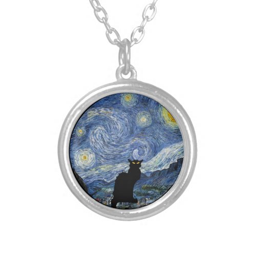 The Starry Night Van Gogh Cat Parody Silver Plated Necklace