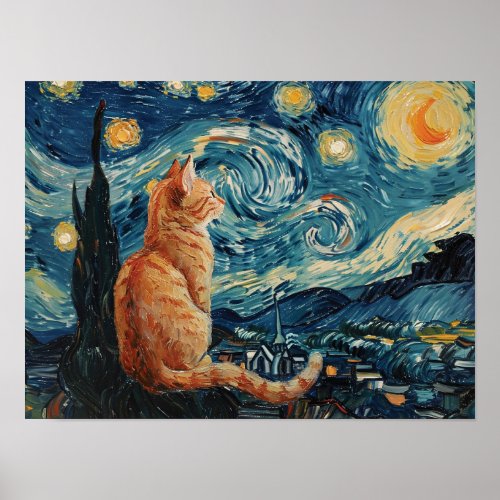 The Starry Night Vincent van Gogh with Cat Poster