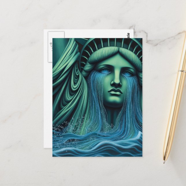 The Statue of Liberty Cries Surreal Art Postcard (Front/Back In Situ)