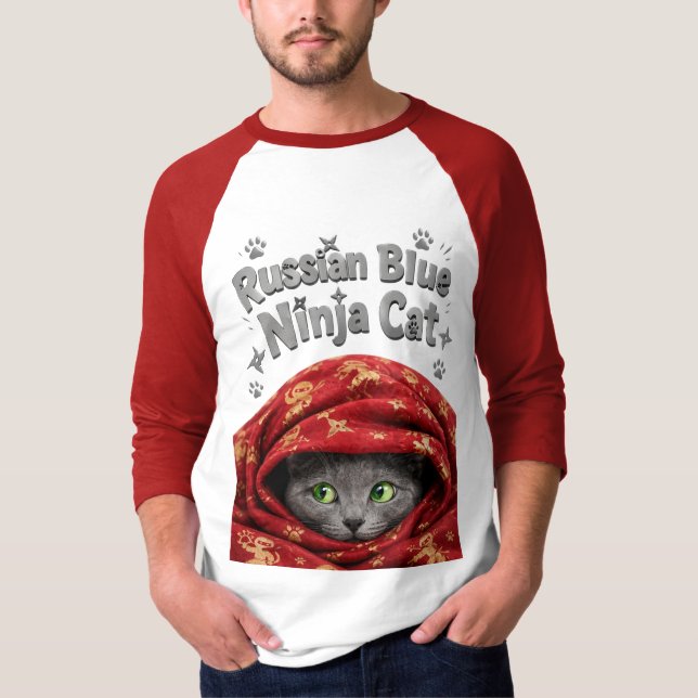 The Stealthy & Starchy: Russian Blue Ninja Cat T-Shirt (Front)