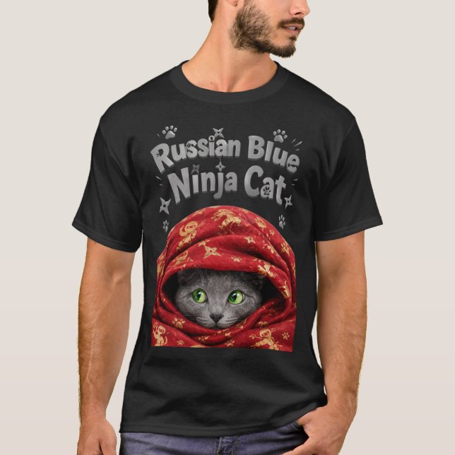 The Stealthy & Starchy: Russian Blue Ninja Cat T-Shirt (Front)