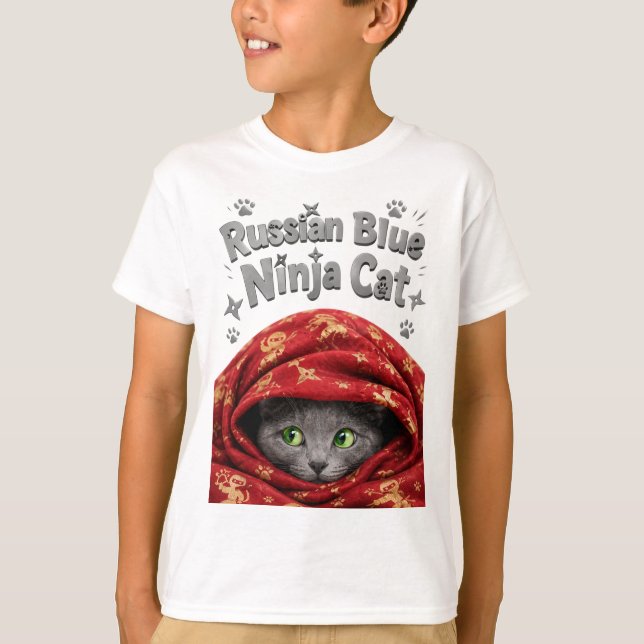 The Stealthy & Starchy: Russian Blue Ninja Cat T-Shirt (Front)