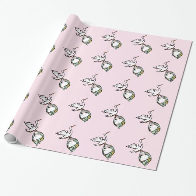 The Stork Carries a Baby Girl Wrapping Paper (Unrolled)