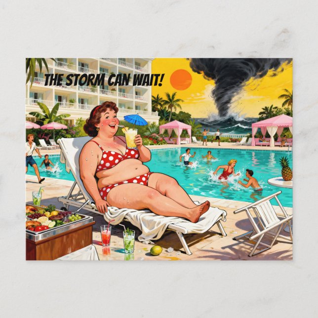 “The Storm Can Wait” – A Self Denial Cartoon Postcard (Front)